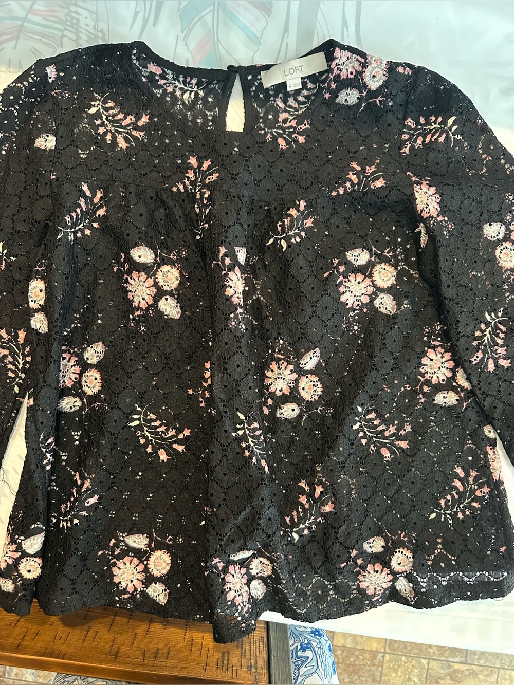 LOFT Black Floral Eyelet Blouse with Pink Accents